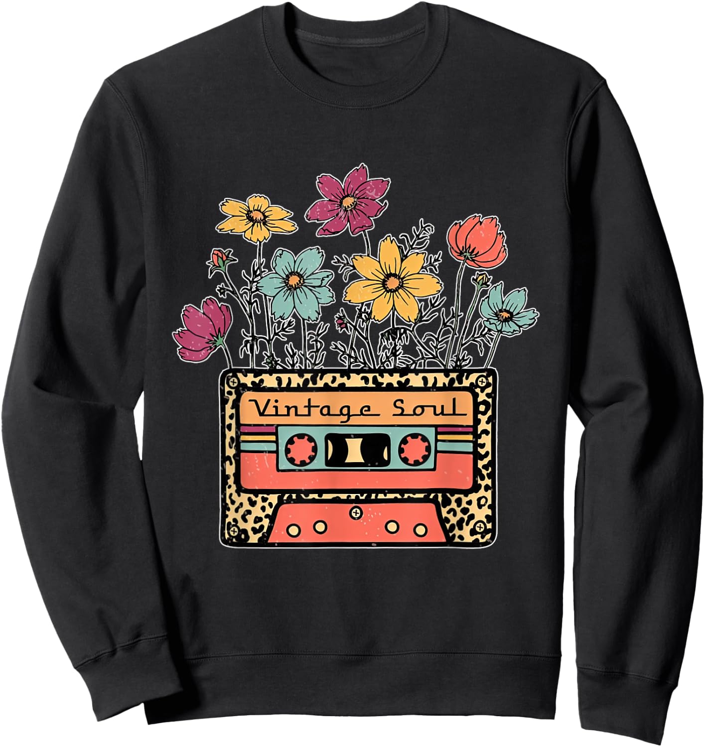 Funny Vintage Soul Leopard Cassette Tape Flowers Wildflower Sweatshirt - Sweatshirt | Black