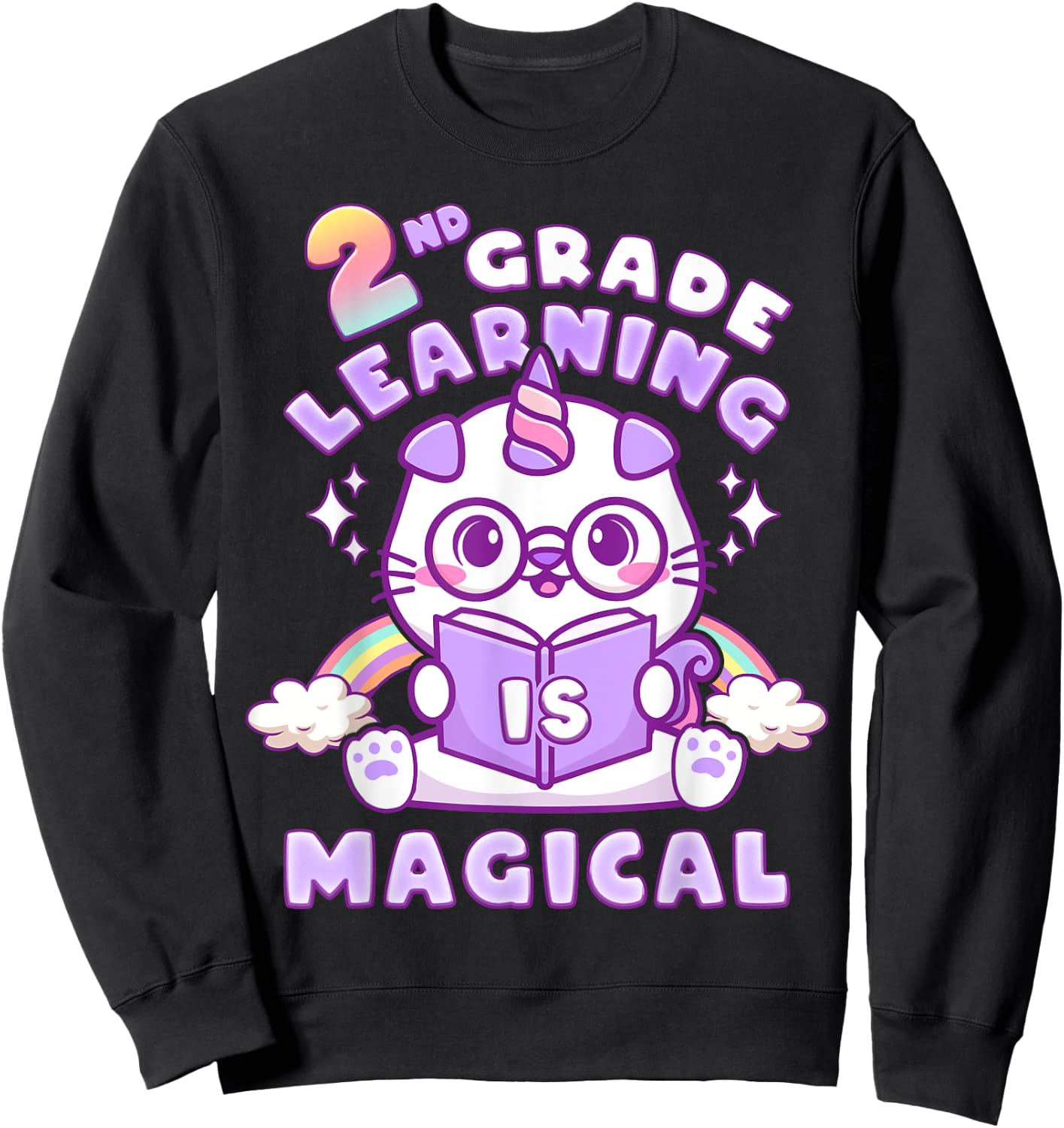 Back To School First Day of 2nd Grade Girl Unicorn Cat Sweatshirt - Sweatshirt | Black