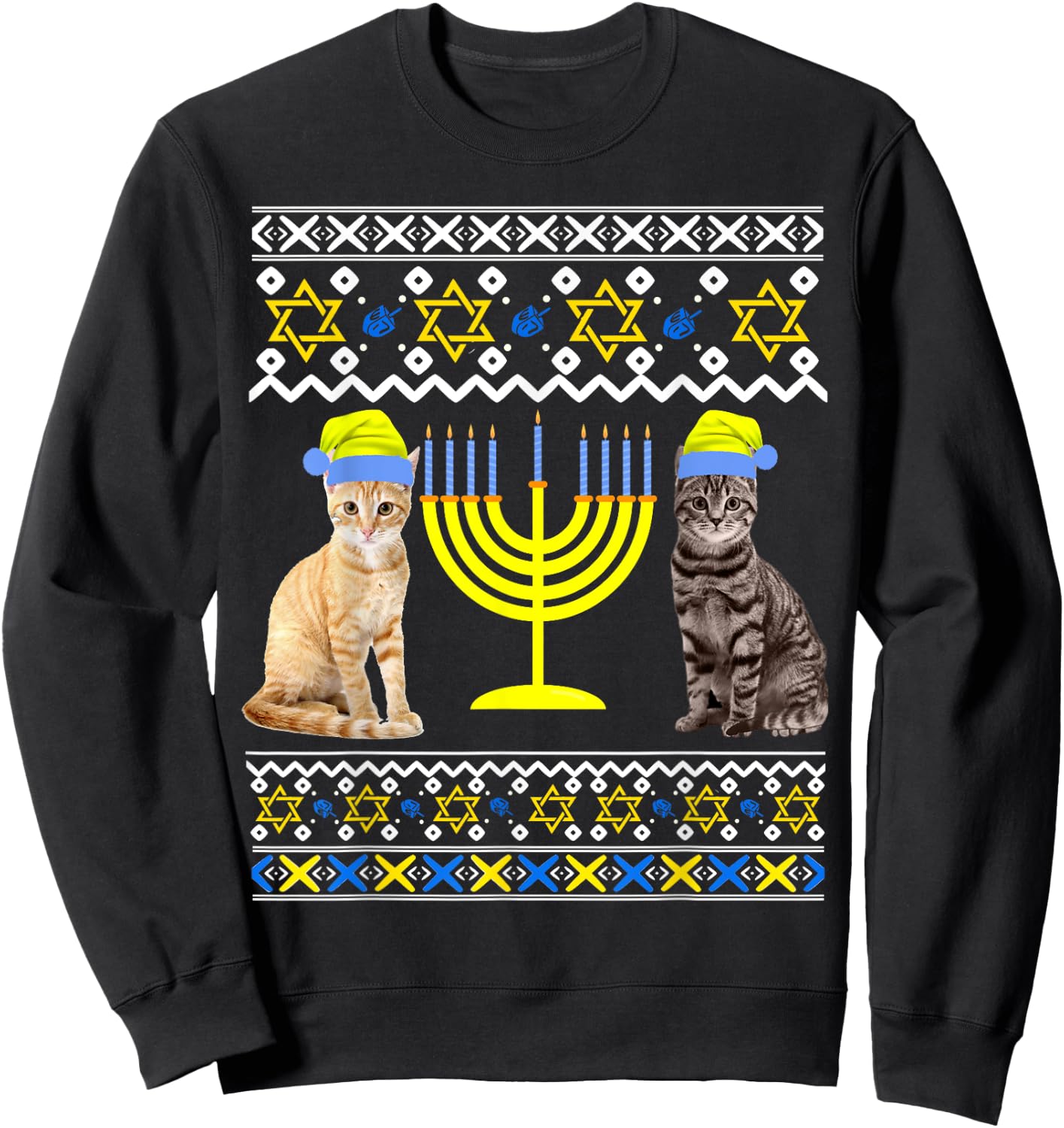 Cat With Menorah Hanukkah Chanukah Menorah Cat Sweater Sweatshirt - Sweatshirt | Black
