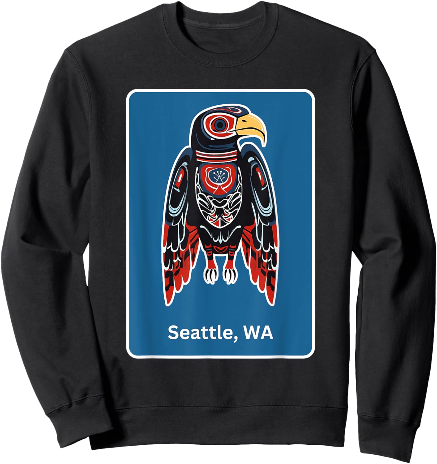 Seattle, WA Hawk Native American Indian Tribal Style Art Sweatshirt - Sweatshirt | Black
