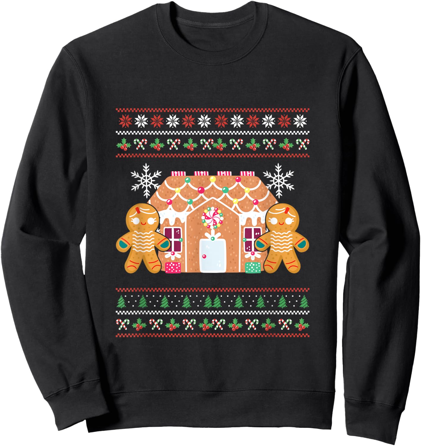 Ugly Christmas Gingerbread House Santa Claus New Year Deer Sweatshirt - Sweatshirt | Black