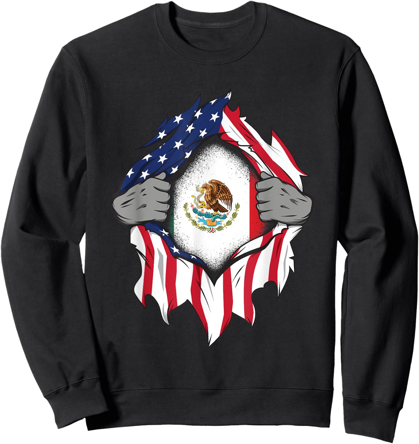 Mexican American Flags Hands Ripping Flag on Chest Sweatshirt - Sweatshirt | Black