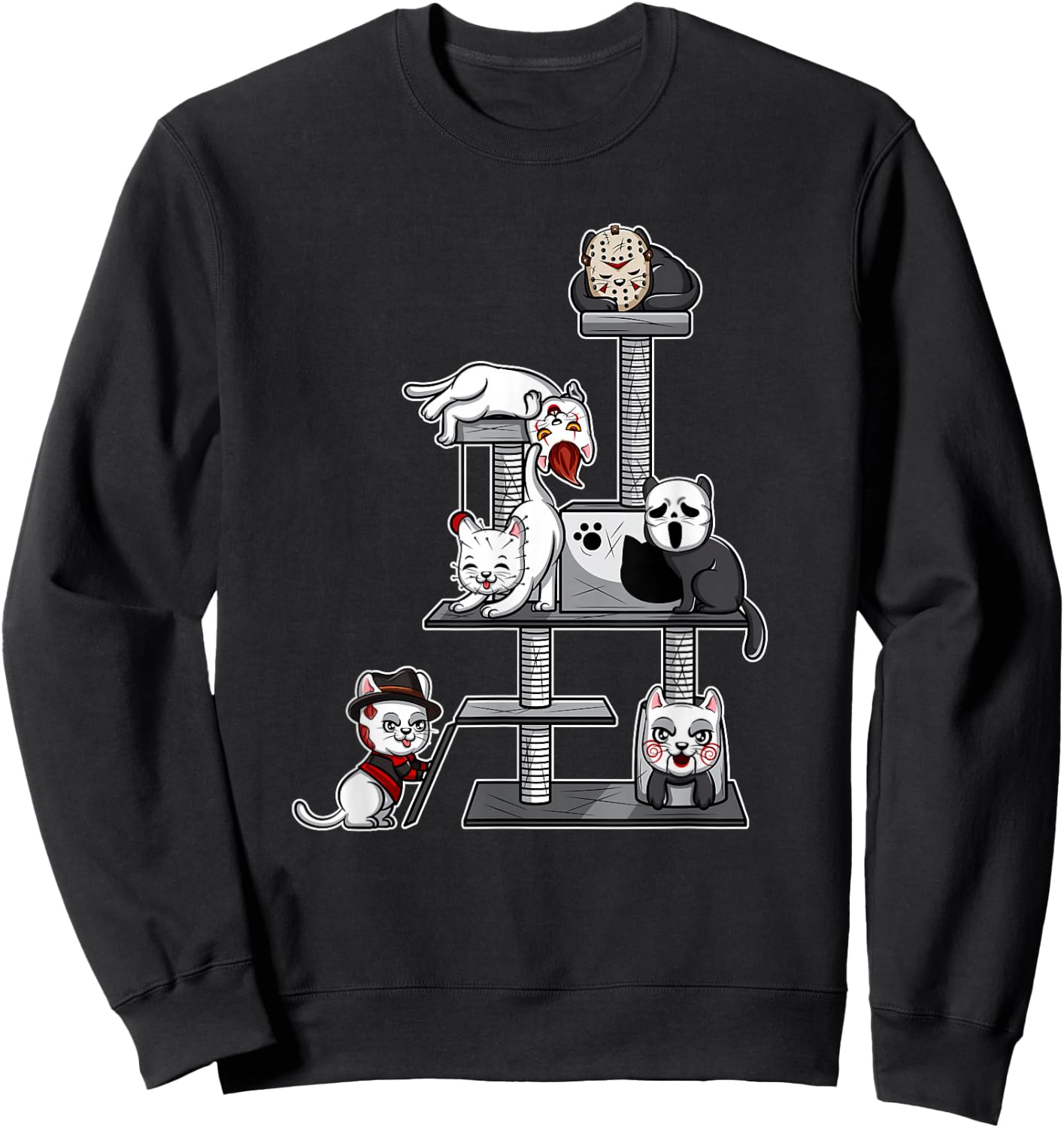 Funny Horror Movie Cats Playing On Cat Tree Sweatshirt - Sweatshirt | Black