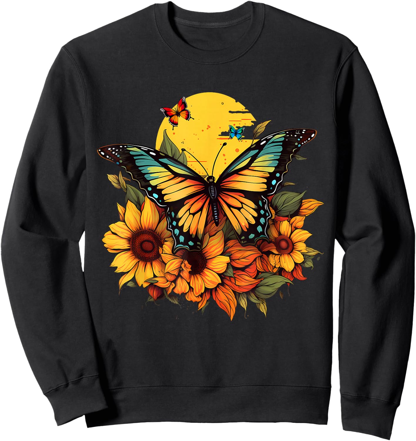 Butterflies Sunflower Design Sweatshirt - Sweatshirt | Black