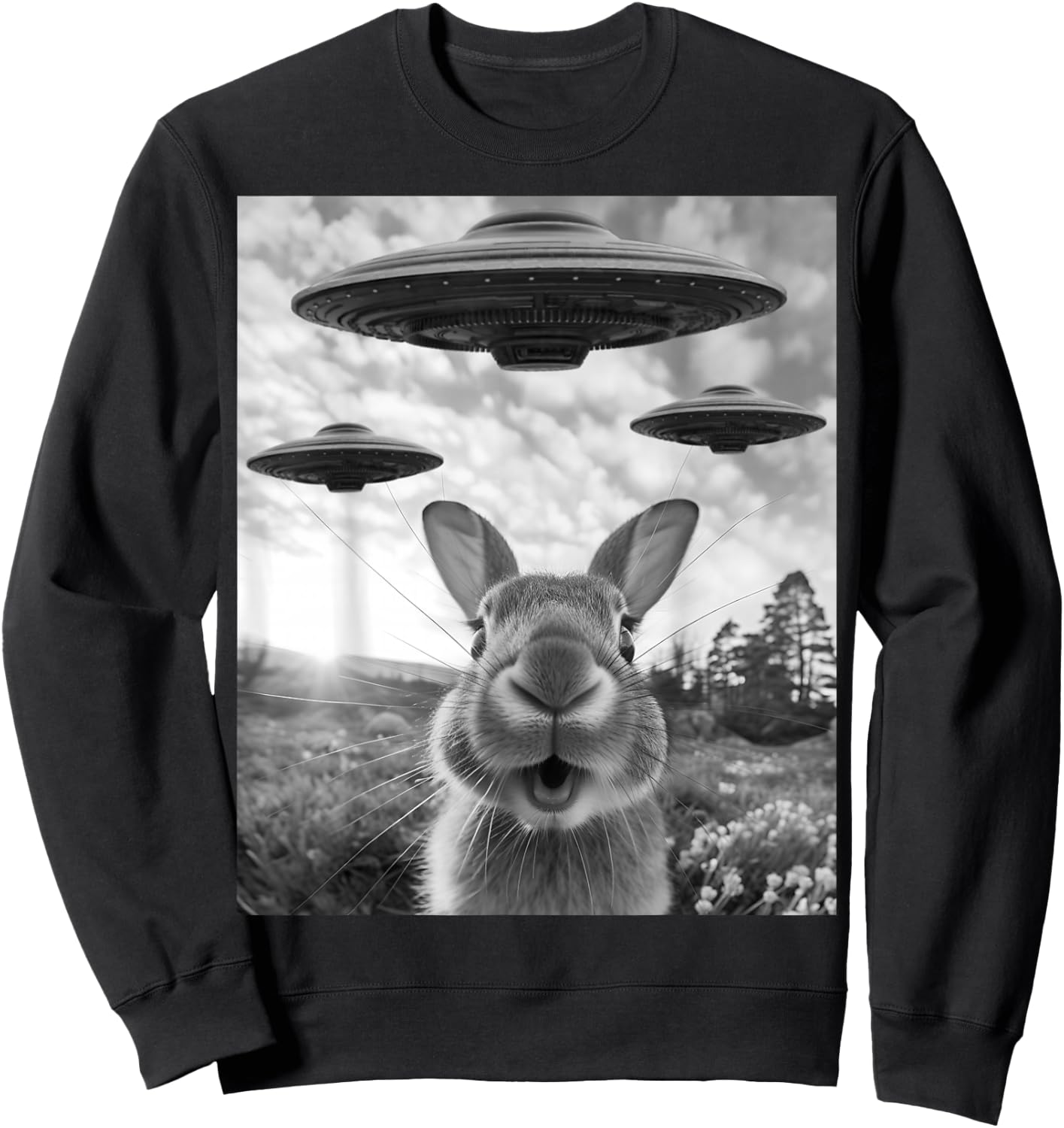 Rabbit Selfie with UFOs Vintage Alien Rabbit Sweatshirt - Sweatshirt | Black