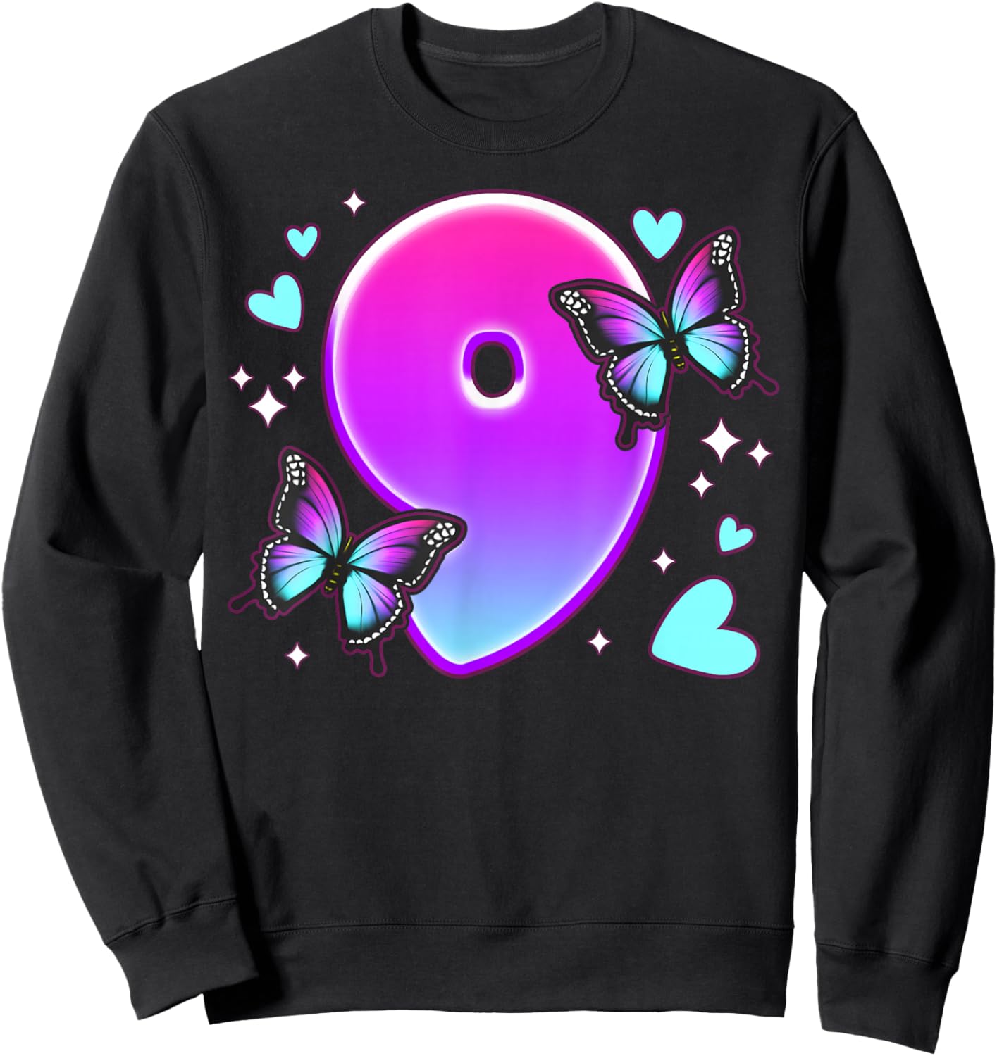 Birthday Girl 9 Years, Butterflies and Number 9 Sweatshirt - Sweatshirt | Black