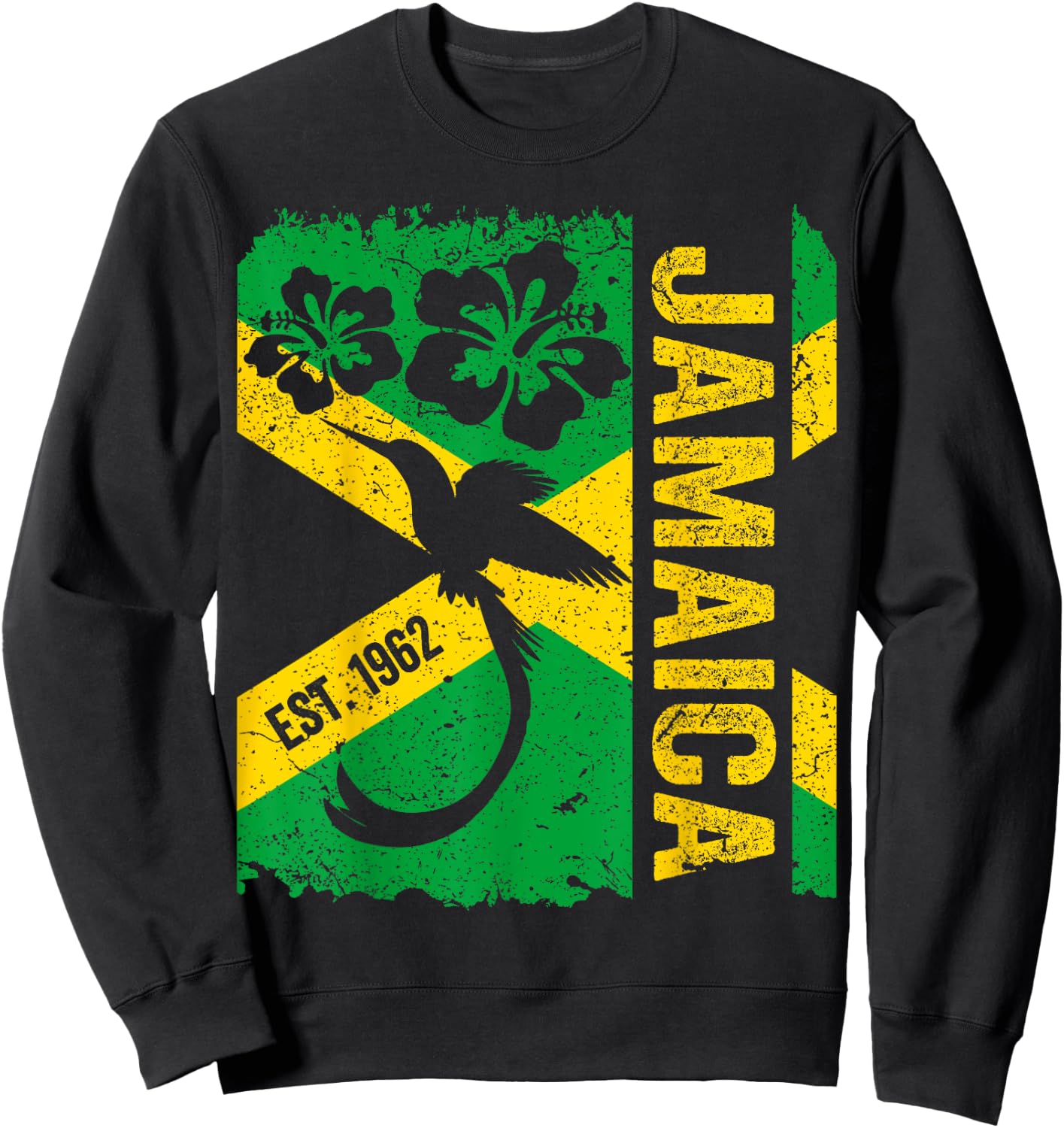 Jamaica Doctor Bird 1962 Independence Distress Jamaican Flag Sweatshirt - Sweatshirt | Black