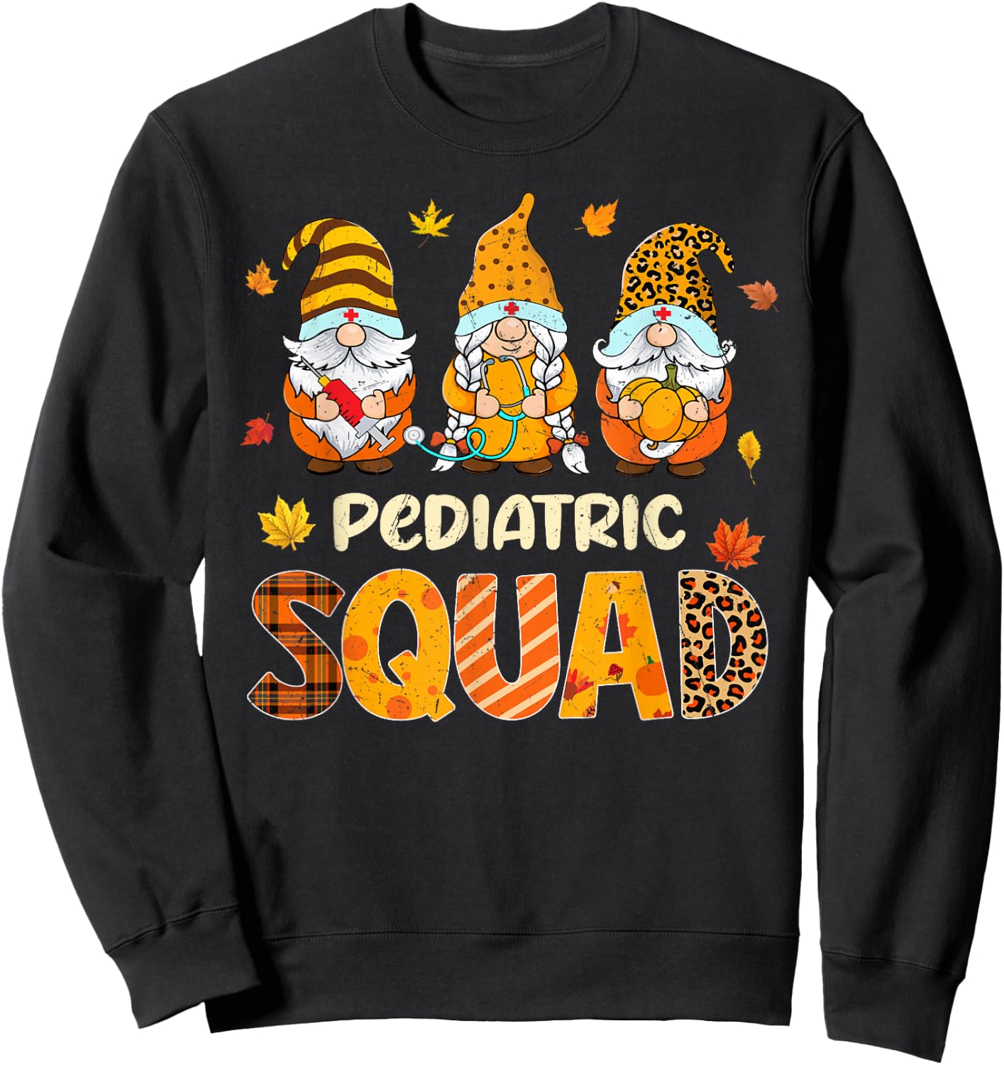 Pediatric Squad Cute Gnome Nurse Leopard Thanksgiving Fall Sweatshirt - Sweatshirt | Black