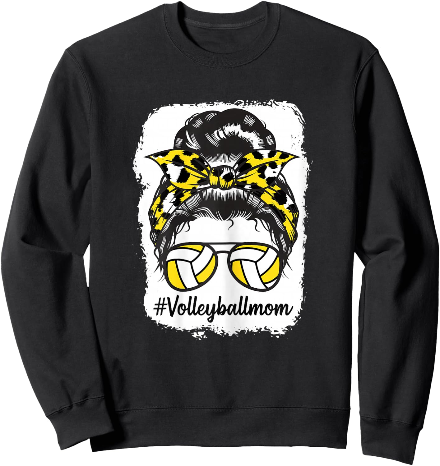 Bleached Volleyball Mom Messy Bun Yellow Leopard Print Sweatshirt - Sweatshirt | Black