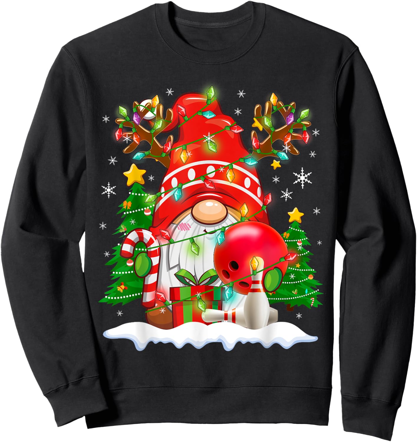 Funny Reindeer Gnome & Bowling Ball Christmas Lights Xmas Sweatshirt - Sweatshirt | Black