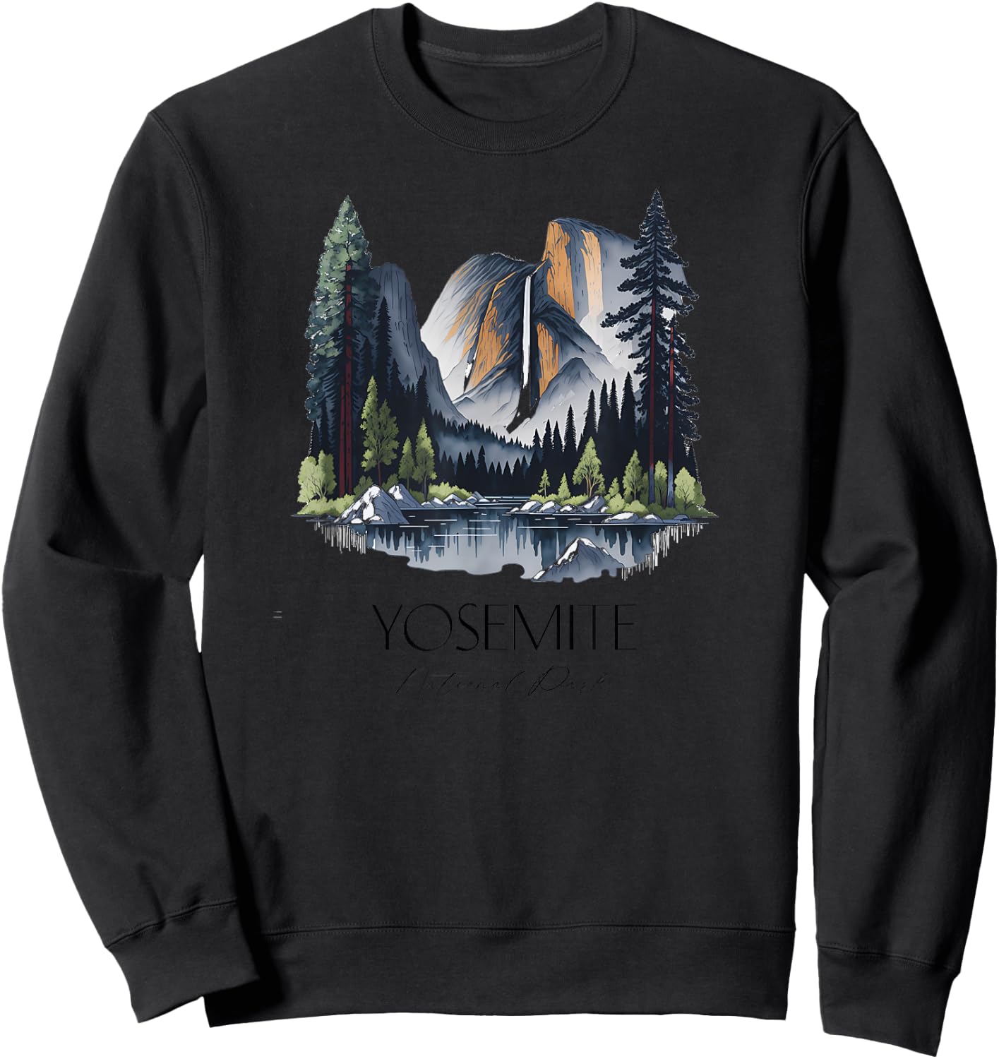 Cool Yosemite National Park Hiking Watercolor Graphic Sweatshirt - Sweatshirt | Black