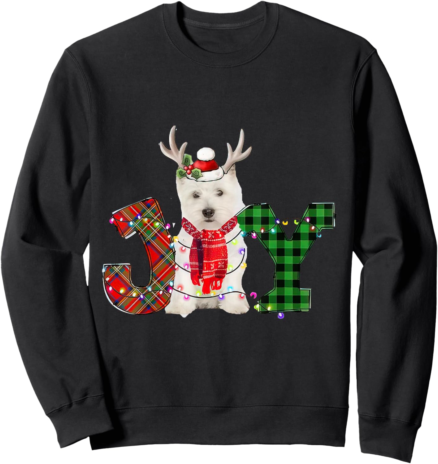 Joy Christmas Lights West Highland White Terrier Dog Santa Women Kids Sweatshirt - Sweatshirt | Black