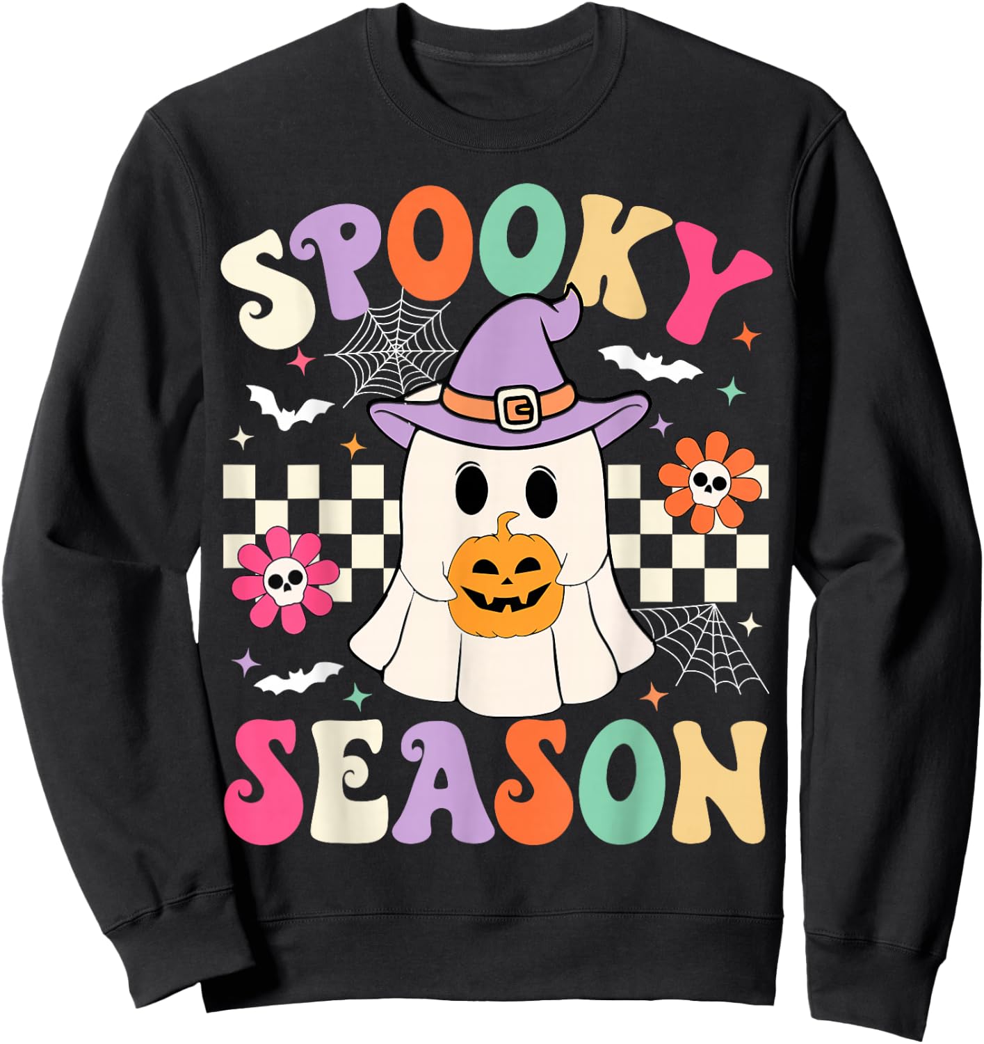Groovy Spooky Season Retro Ghost Holding Pumpkin Halloween Sweatshirt - Sweatshirt | Black