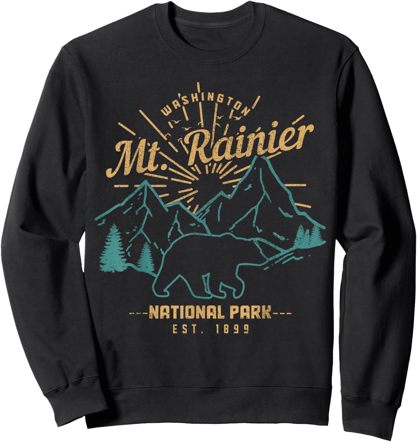 Mt. Rainier Washington Vintage Mountain National Park PNW Sweatshirt - Sweatshirt | Black