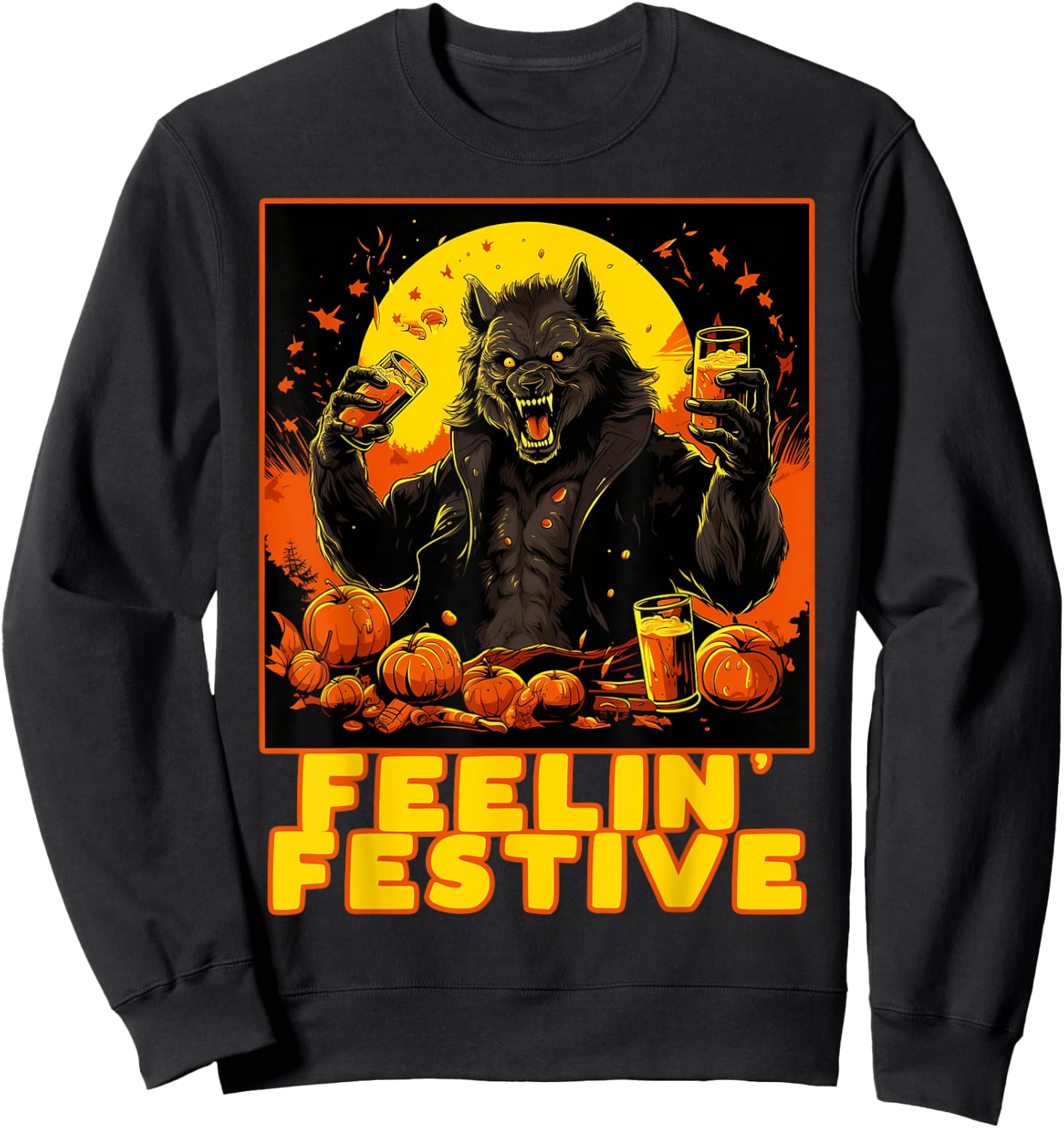 Funny Werewolf Drinking Halloween Costume Party Thanksgiving Sweatshirt - Sweatshirt | Black