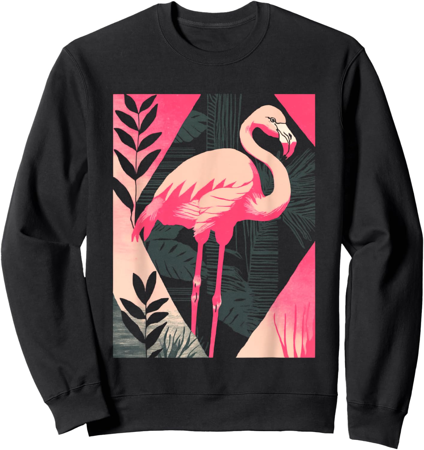 Palm Fronds Art Deco Retro Tropical Flamingo Sweatshirt - Sweatshirt | Black