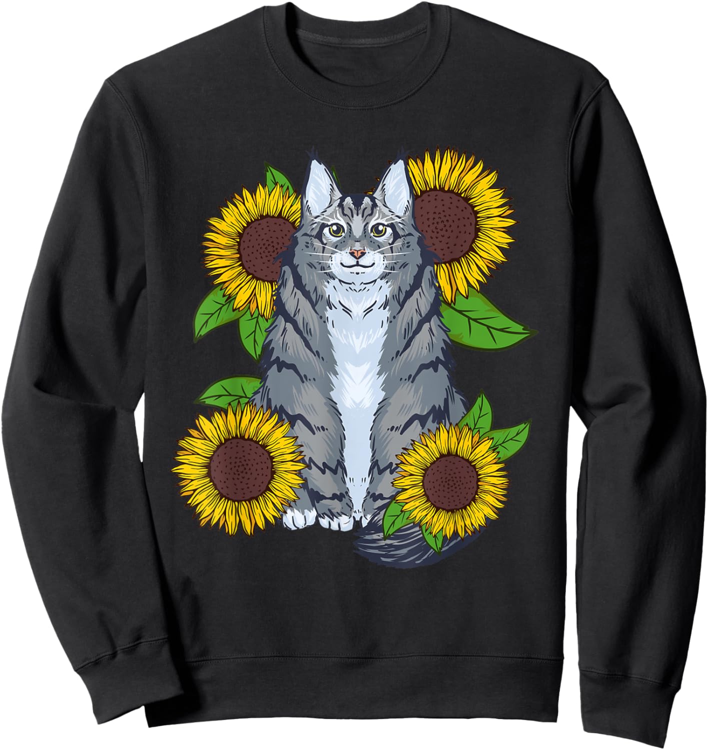 Floral Sunflower Mainecoon Cat Lover Men Women Kids Sweatshirt - Sweatshirt | Black