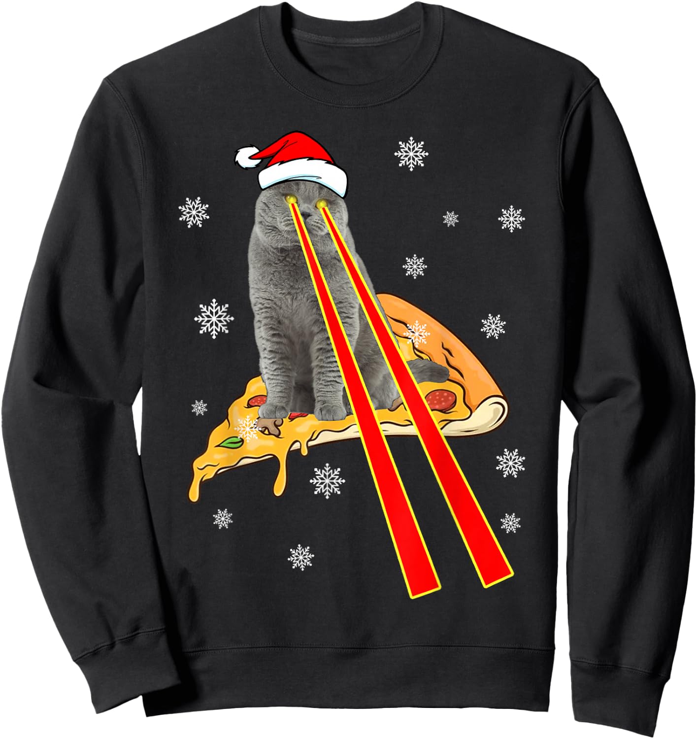 Cat With Laser Eyes Funny Pizza Cat Christmas Sweatshirt - Sweatshirt | Black