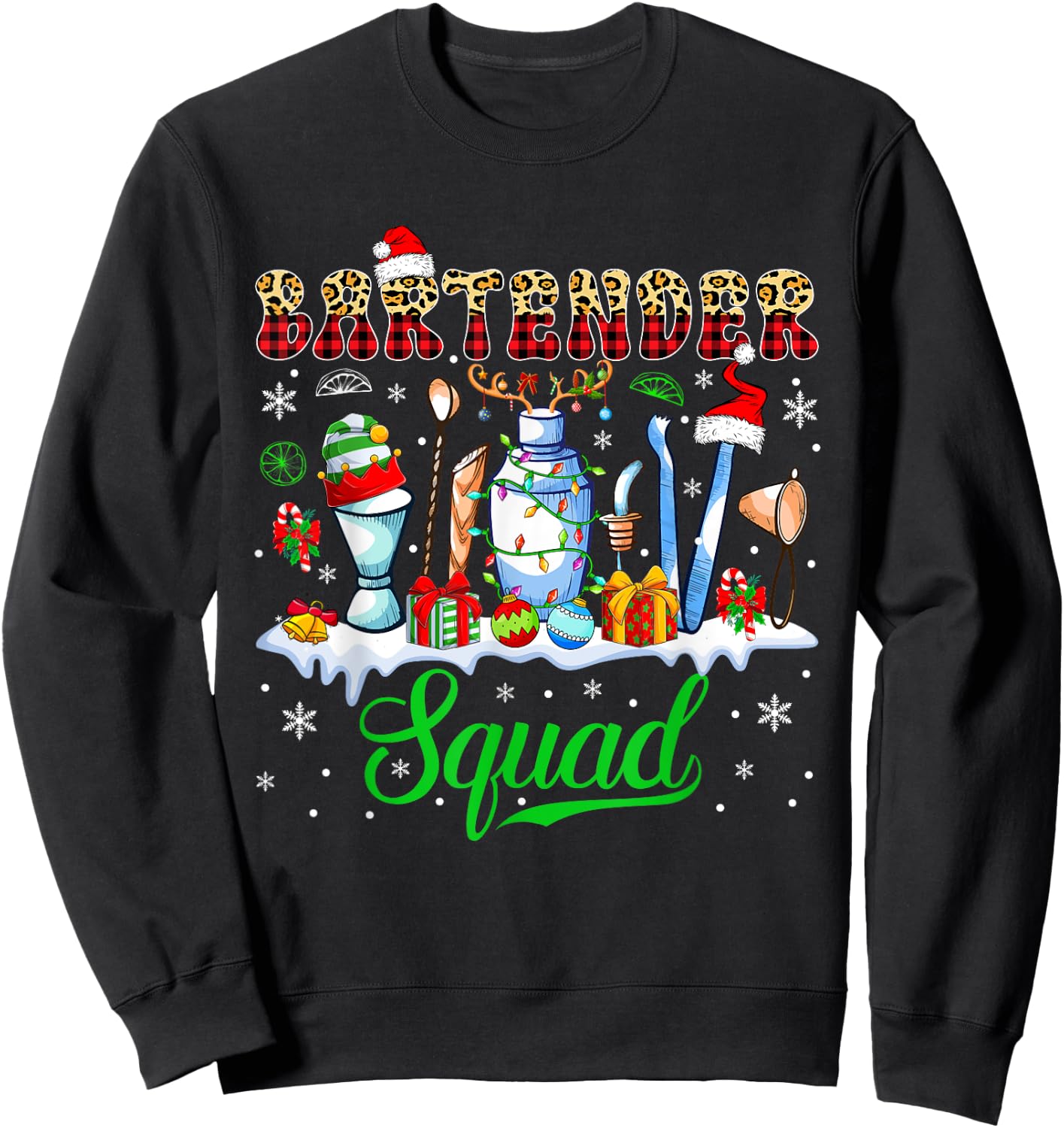 Bartender Squad Christmas Santa Reindeer Elf Bartender Tools Sweatshirt - Sweatshirt | Black