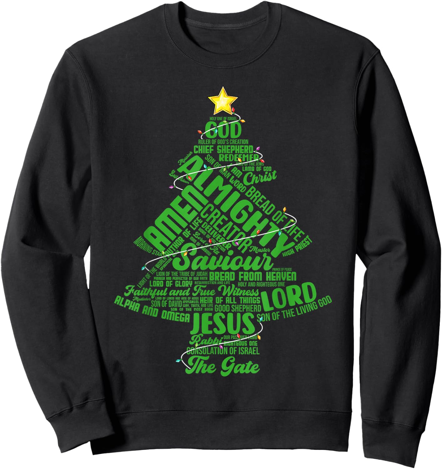 Names Of Jesus Christmas Tree Lights Christian Xmas Pajama Sweatshirt - Sweatshirt | Black