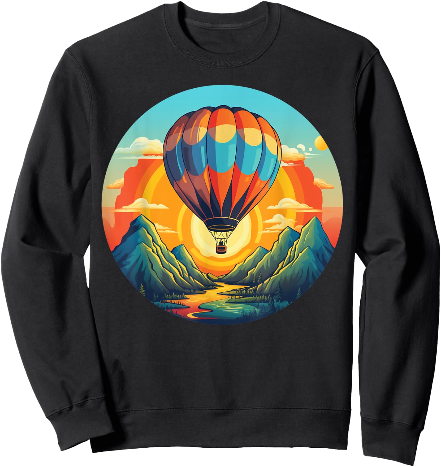 Mountains Sunset Adventures with hot Air Balloon Sweatshirt - Sweatshirt | Black