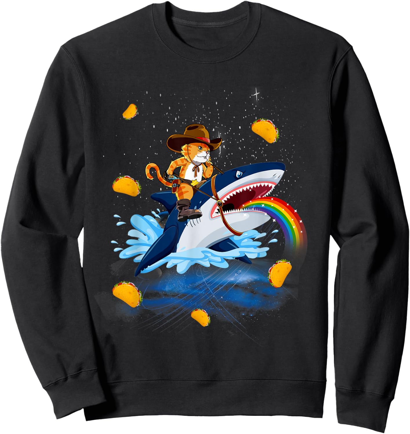 Western Cowboy Cat Riding A Shark In Taco Space Rainbow Sweatshirt - Sweatshirt | Black
