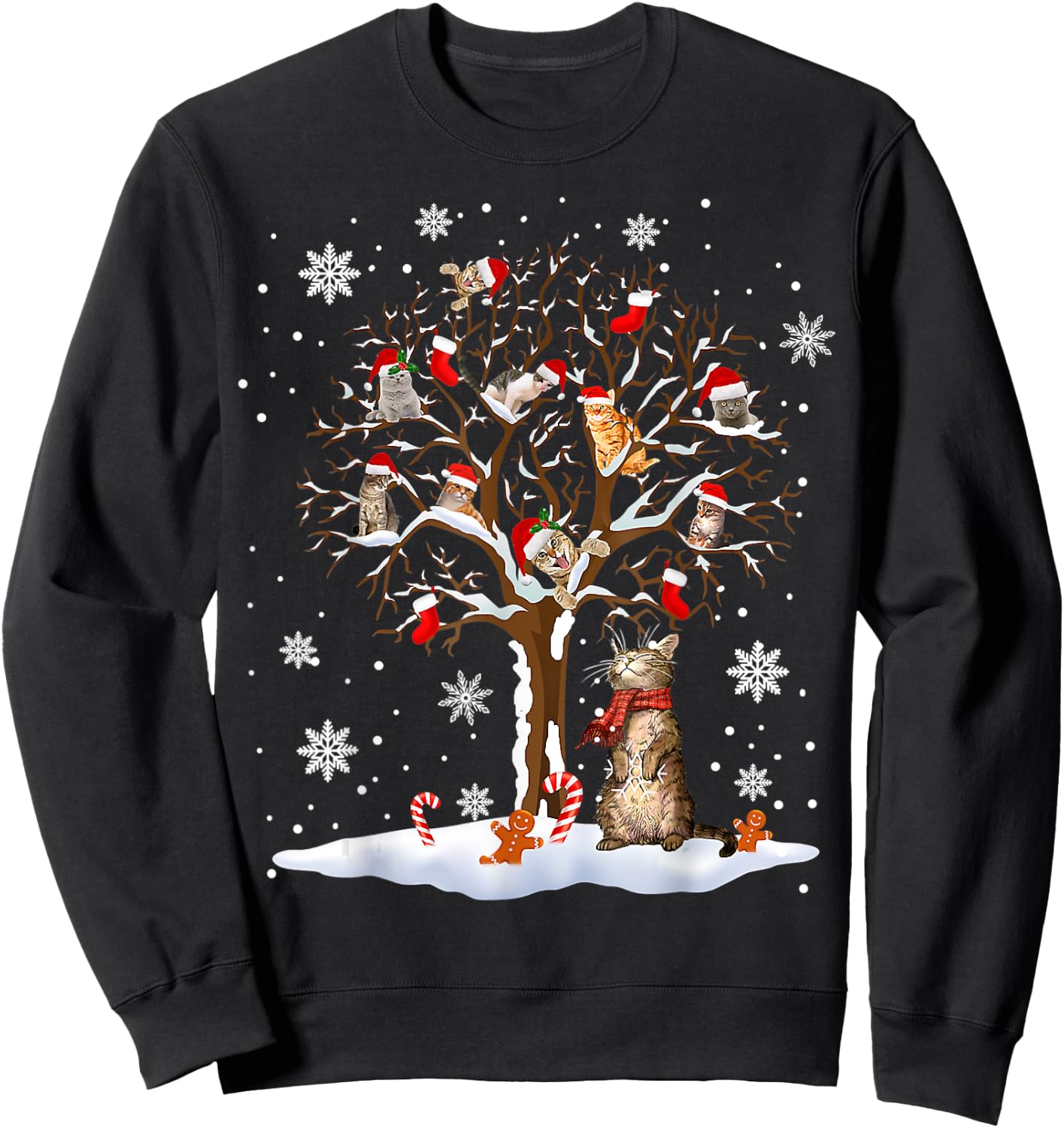 Cats In Snow Tree Winter Christmas Santa Hat X-mas Sweatshirt - Sweatshirt | Black