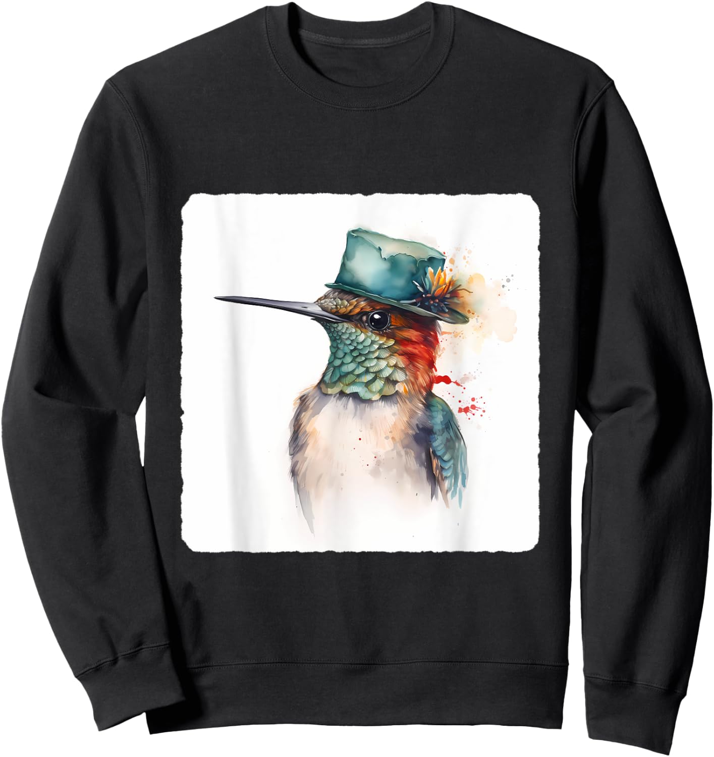 A Hummingbird Wearing A Hat. Hummingbird Donning A Hat, Bird Sweatshirt - Sweatshirt | Black