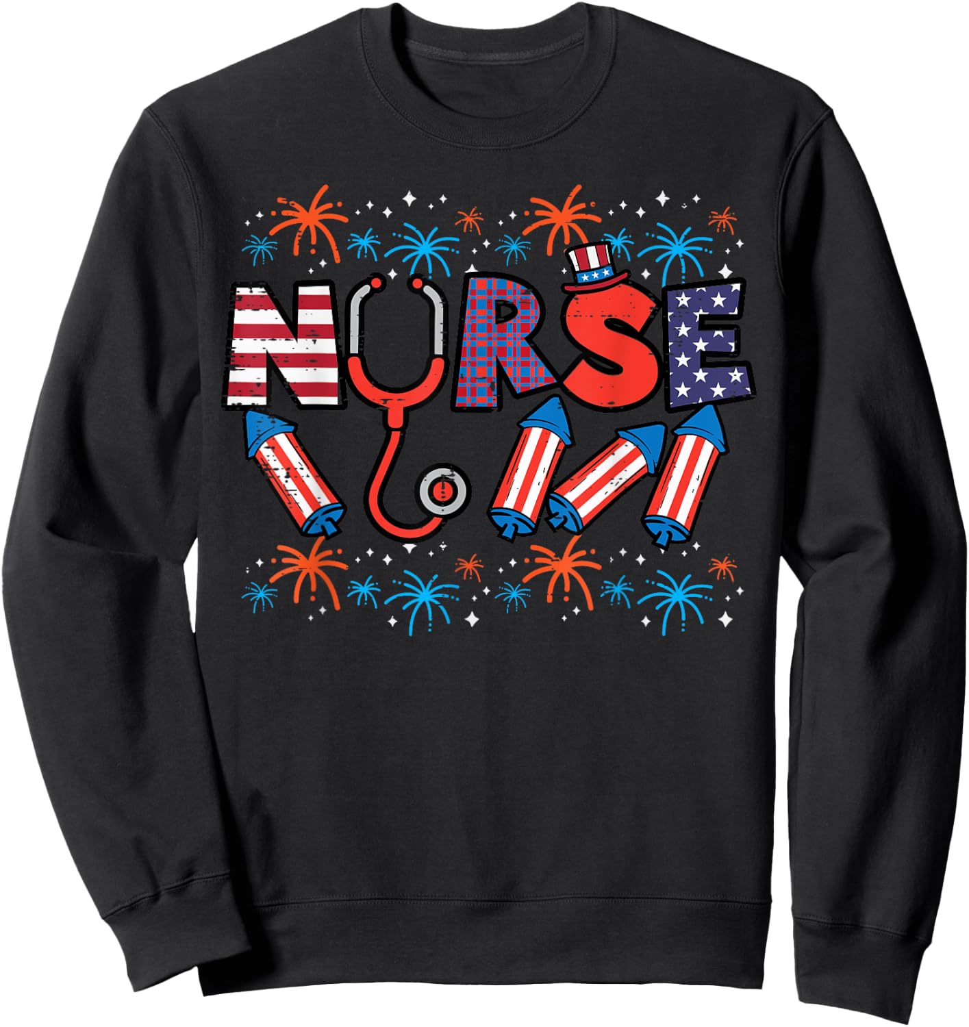 4th Of July Nurse Stethoscope Patriotic Scrub Top Women Men Sweatshirt - Sweatshirt | Black