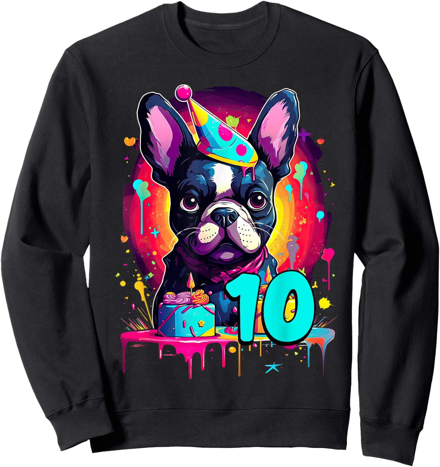 French Bulldog Dog 10th Birthday Themed Party 10 Years Old Men Women Girls Kids Sweatshirt - Sweatshirt | Black