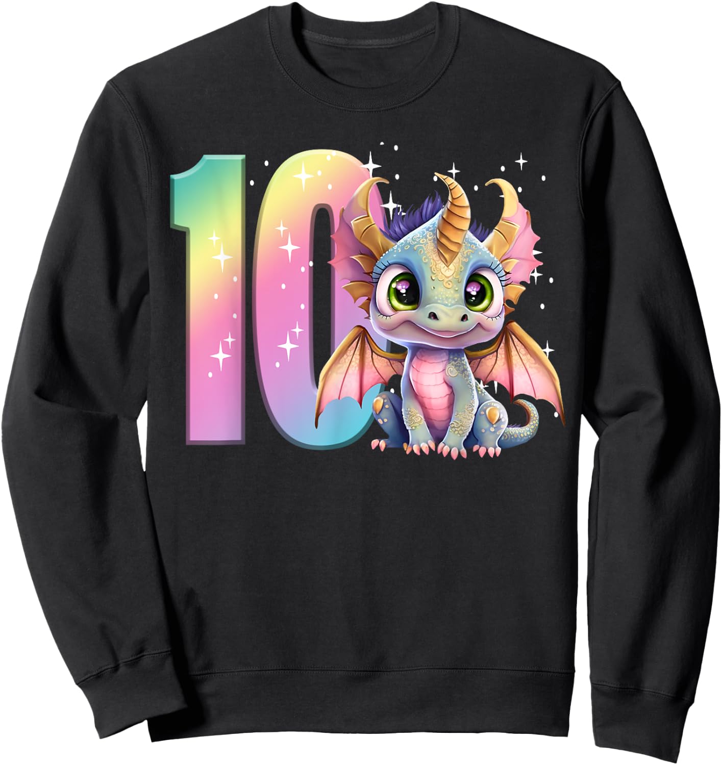 10th Birthday Shirt Dragon Party Rainbow Girl Double Digits Sweatshirt - Sweatshirt | Black