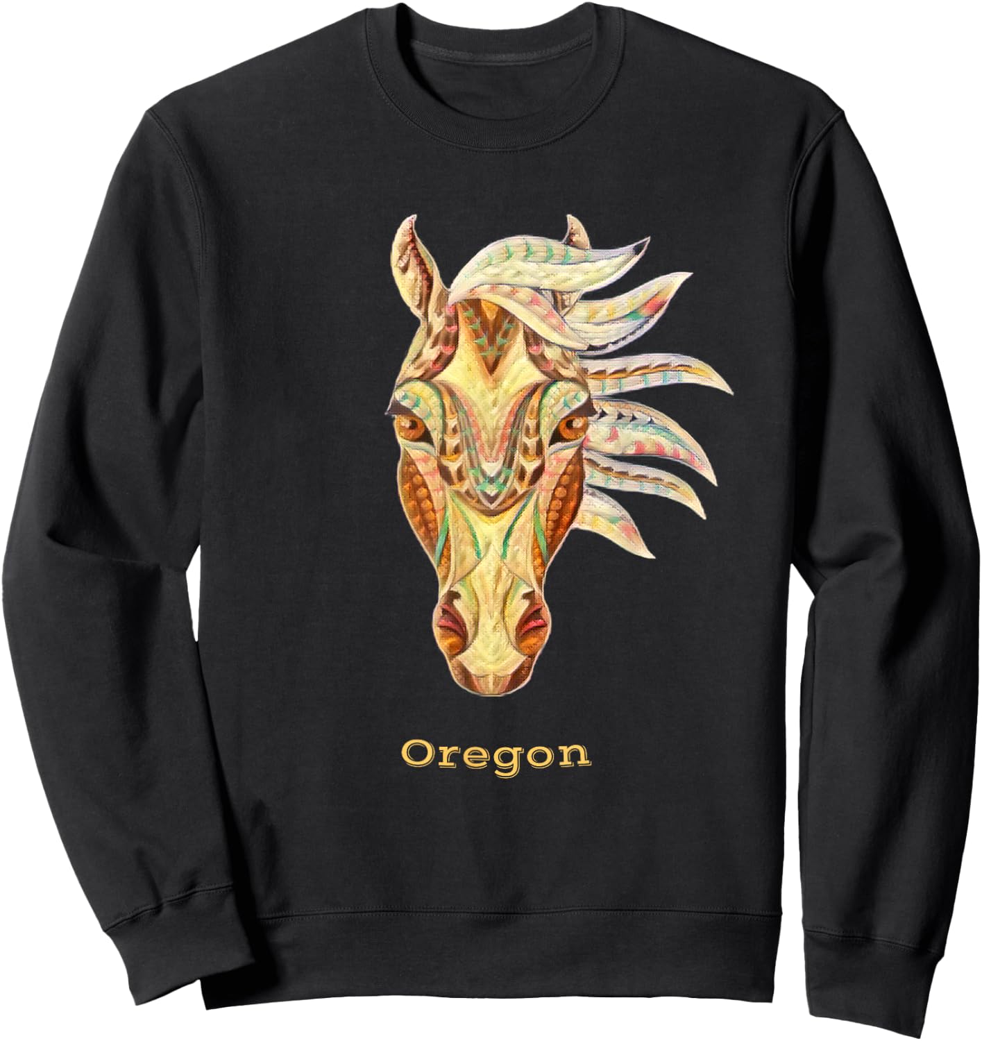 Oregon Colorful Horse Tribal Native American Geometric Sweatshirt - Sweatshirt | Black