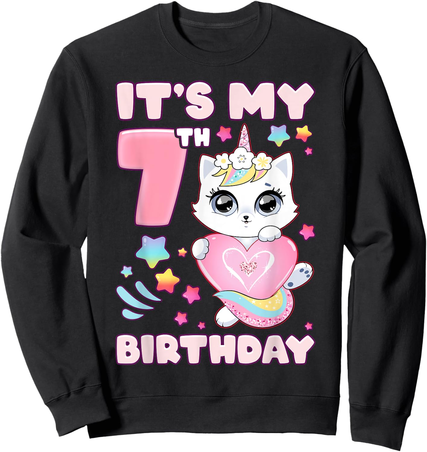 Birthday girl 7 years old, cat, unicorn, 7th birthday Sweatshirt - Sweatshirt | Black