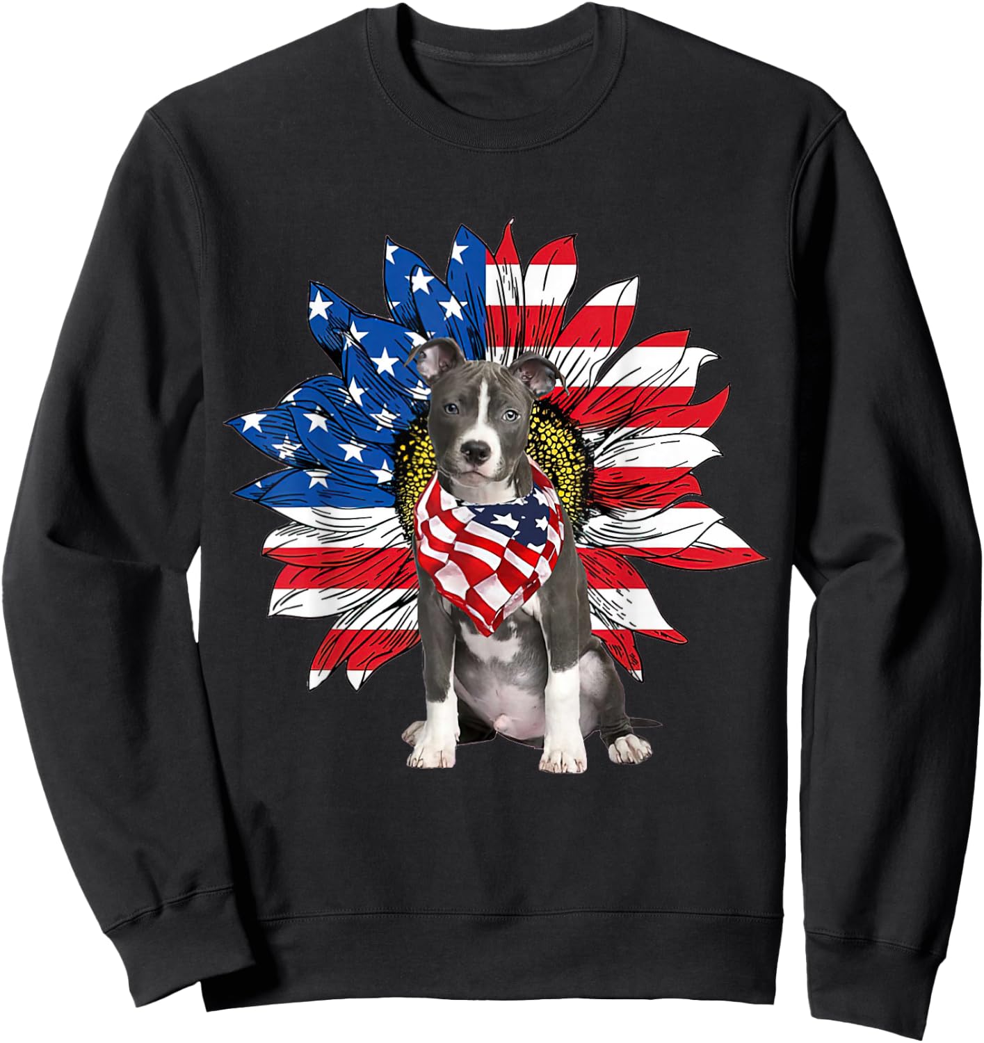 Blue Nose Pitbull American Flag Sunflower Dog Lovers 4th Of Sweatshirt - Sweatshirt | Black