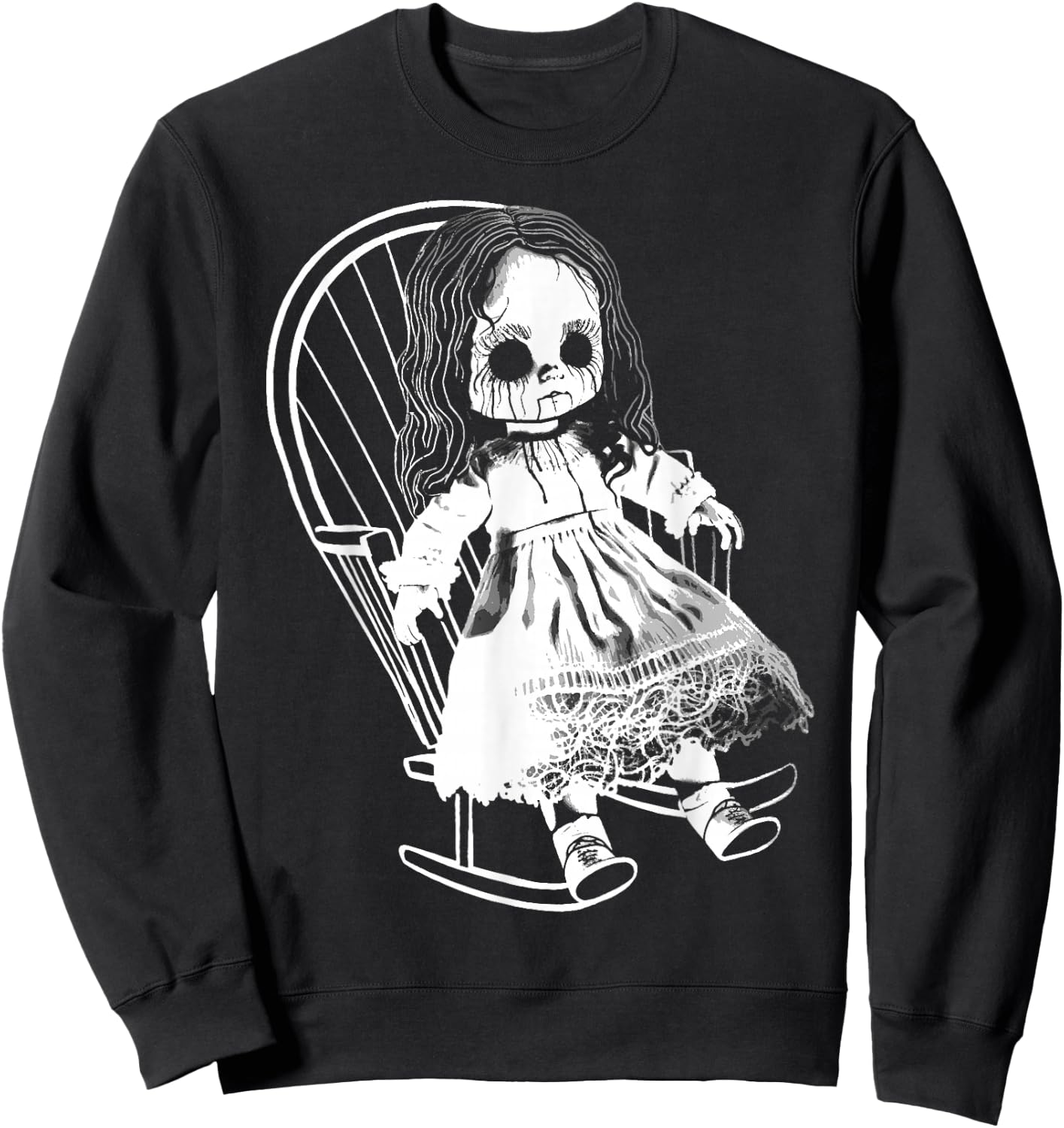 Creepy Nightmare Haunted Horror Doll Sits In Rocking Chair Sweatshirt - Sweatshirt | Black