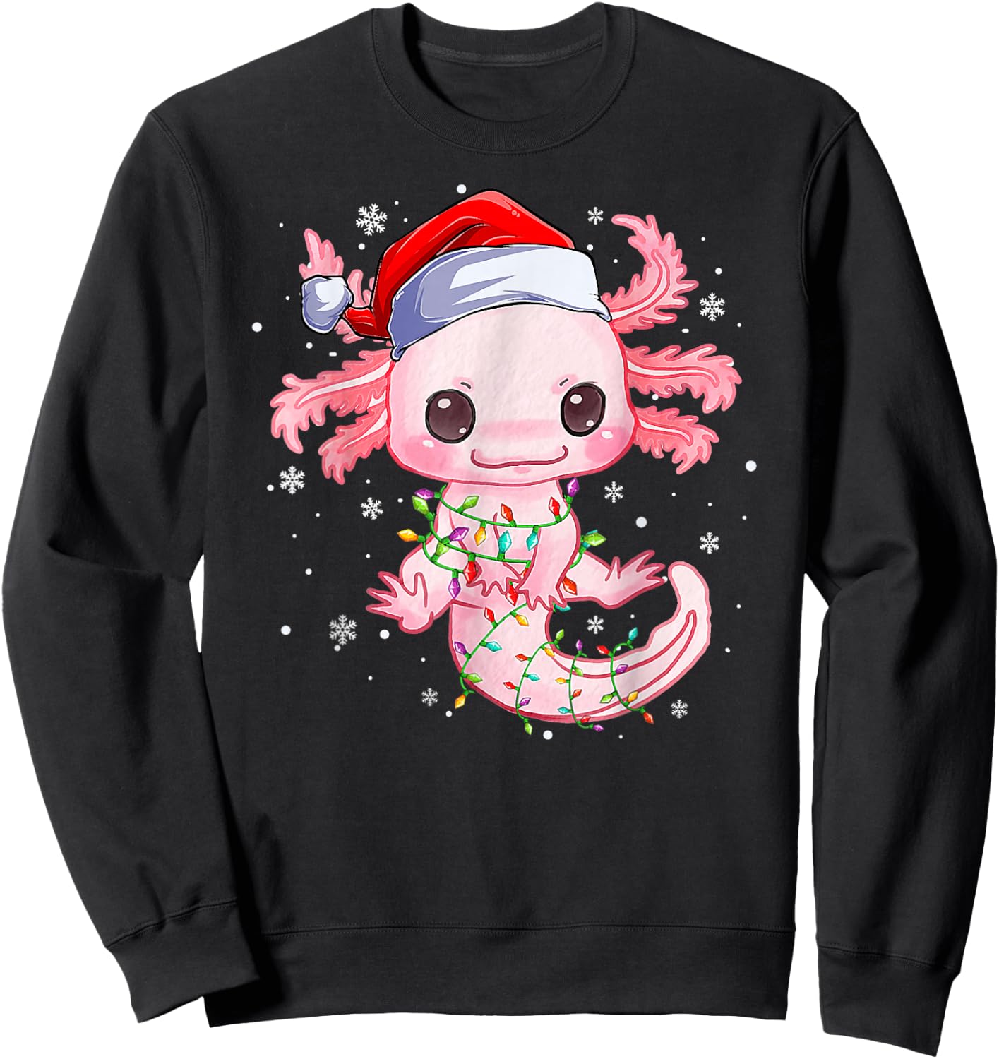 Christmas Axolotl Santa Hat Lights Japanese Cute Anime Xmas Sweatshirt - Sweatshirt | Black