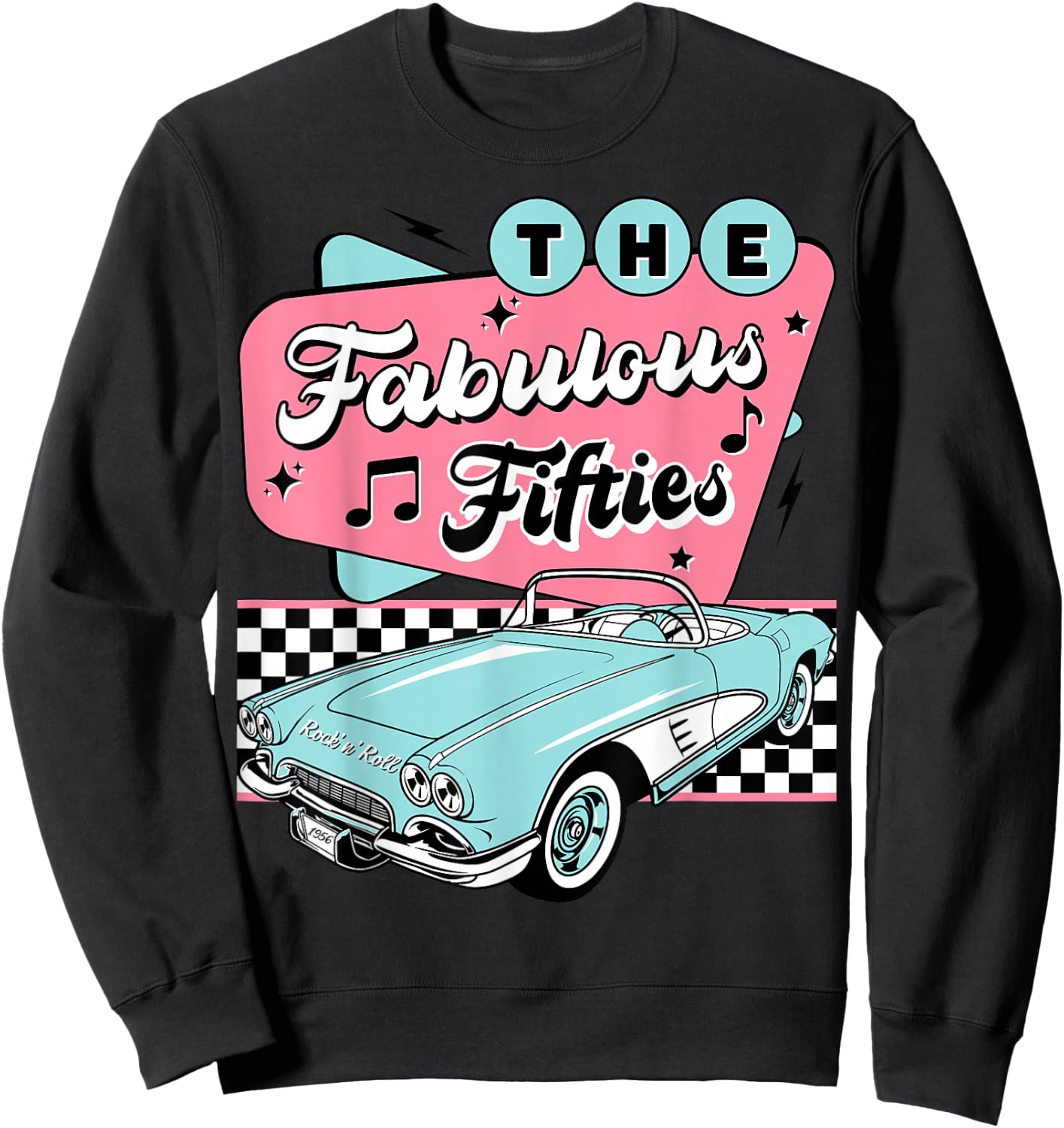 The Fifties 1950s Car Music Checkerboard Rockabilly Sock Hop Sweatshirt - Sweatshirt | Black