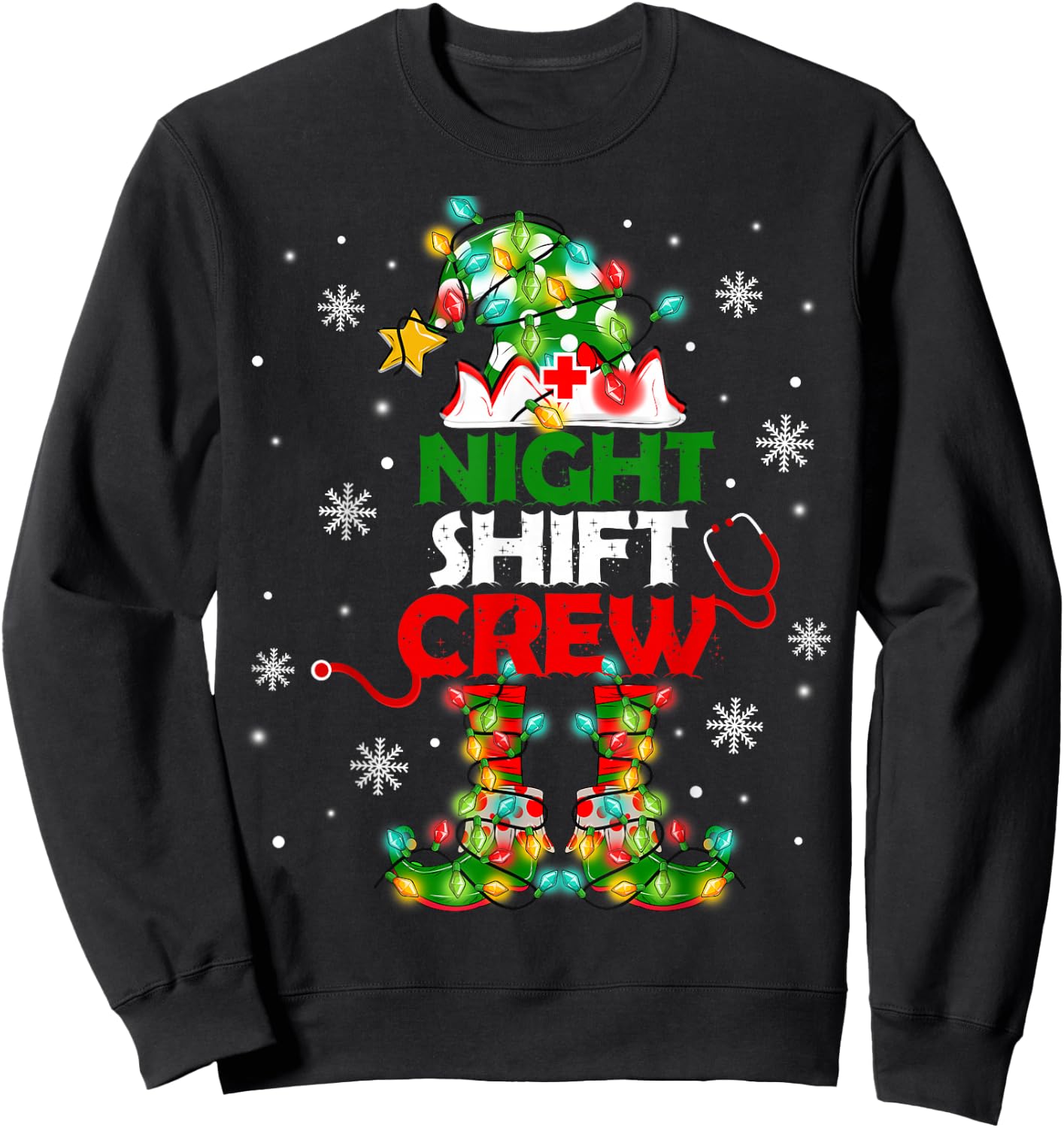 Funny Nurse Elf Christmas Lights Cute Xmas Night Shift Crew Sweatshirt - Sweatshirt | Black