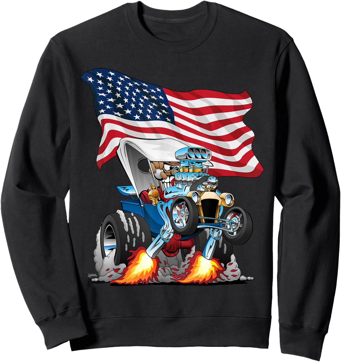 T-bucket Style Car Hotrod USA Flag Patriotic Cartoon Design Sweatshirt - Sweatshirt | Black
