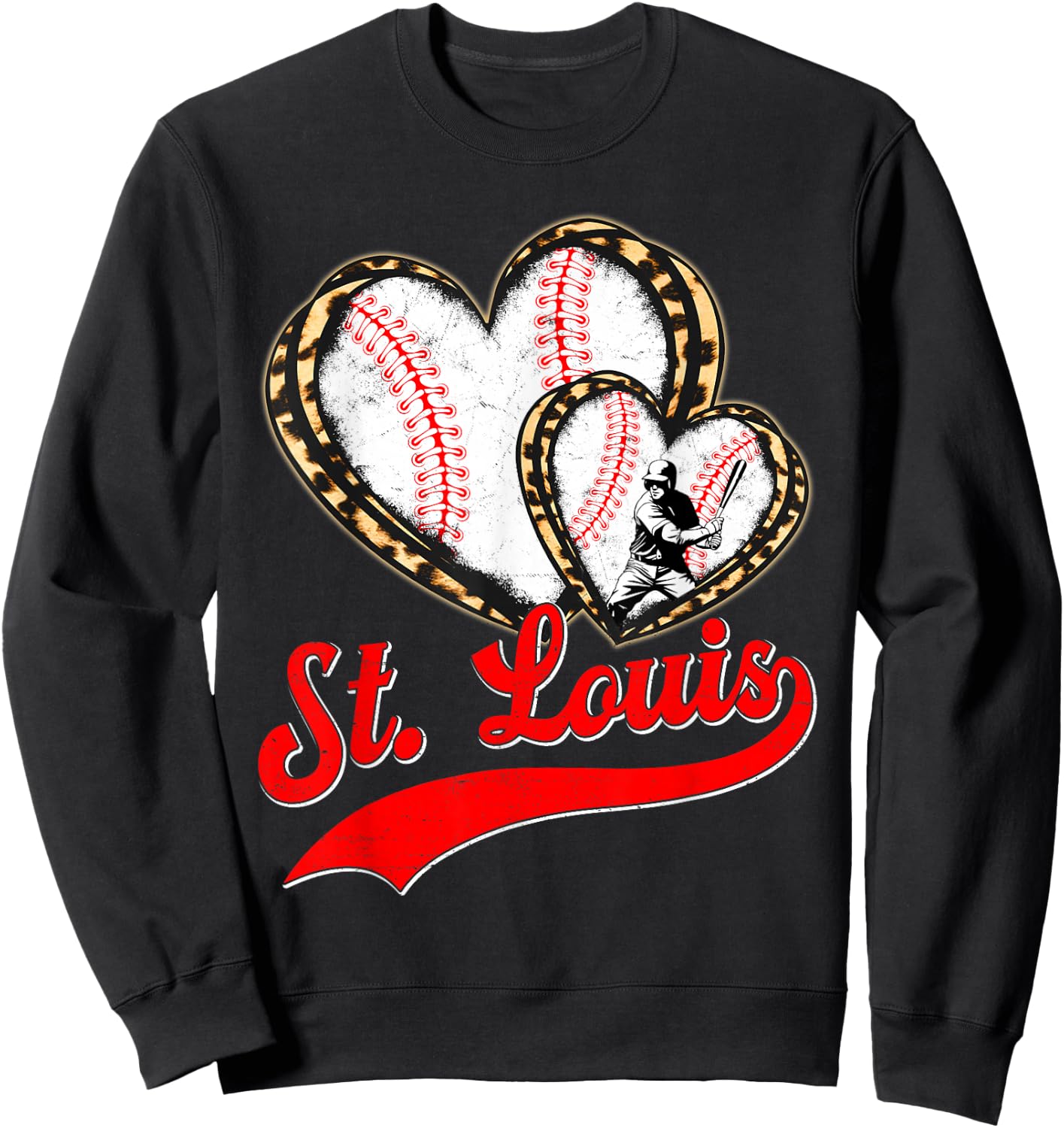 Vintage St. Louis Baseball Leopard Heart Baseball Fans Sweatshirt - Sweatshirt | Black