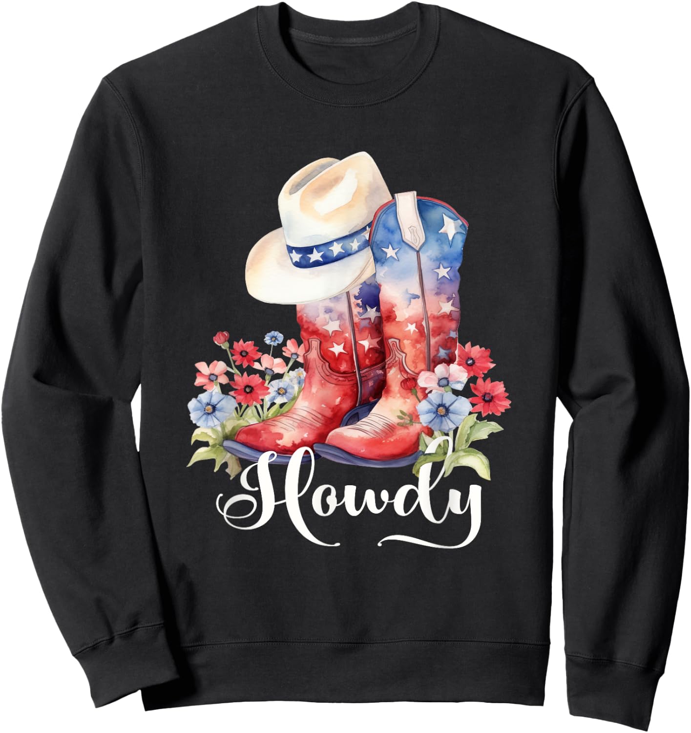 Cute Watercolor Cowgirl Boots Hat Flower Howdy Women Girls Sweatshirt - Sweatshirt | Black