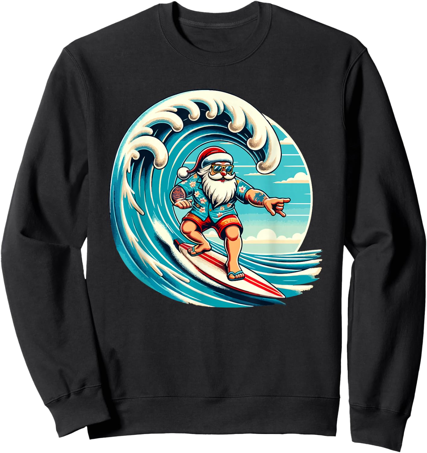 Santa Claus Hawaiian Surfing Christmas Aloha Tropical Xmas Sweatshirt - Sweatshirt | Black