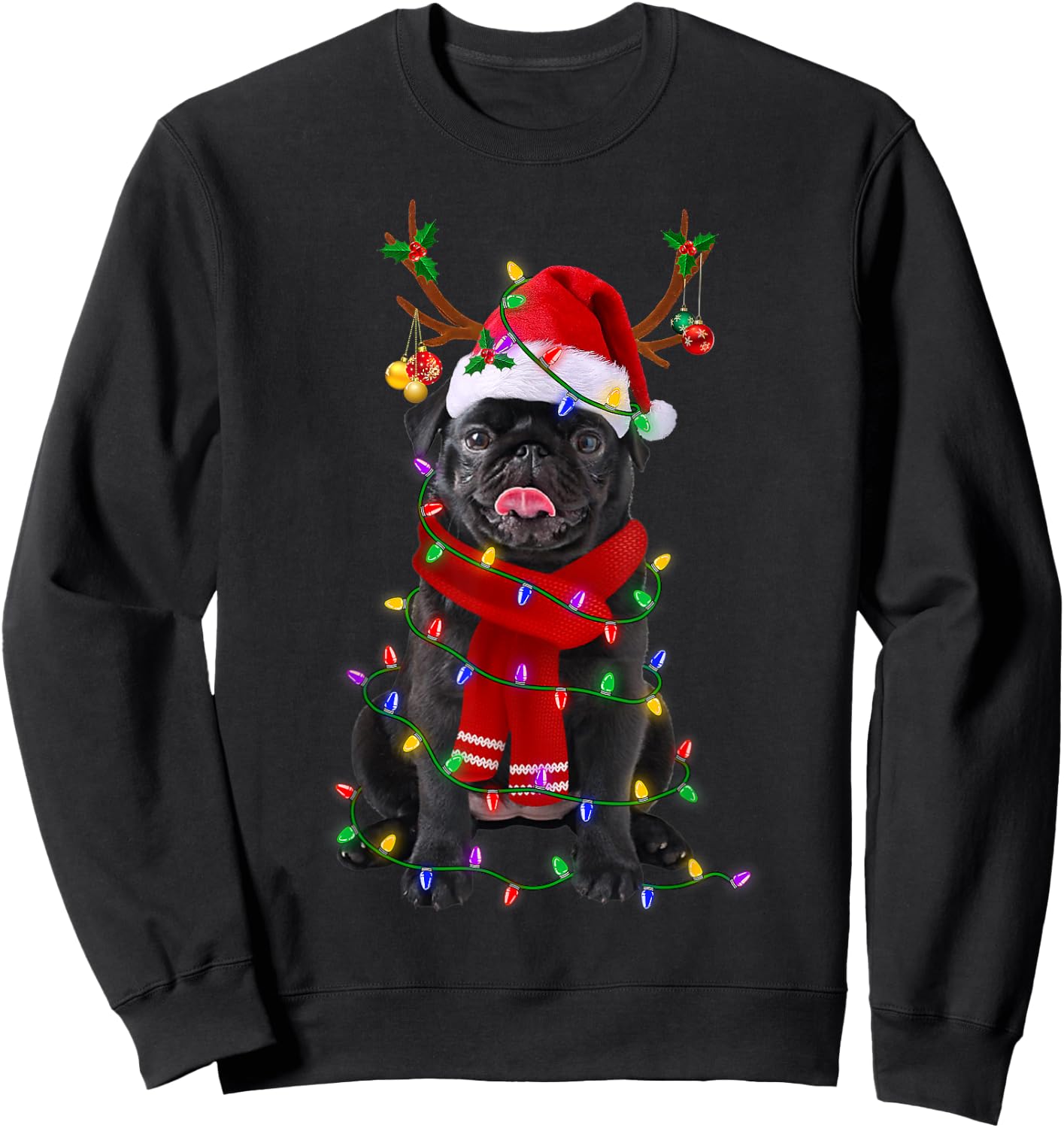 Black Pug Dog Tree Christmas Lights Xmas Pajama Men Women Kids Sweatshirt - Sweatshirt | Black