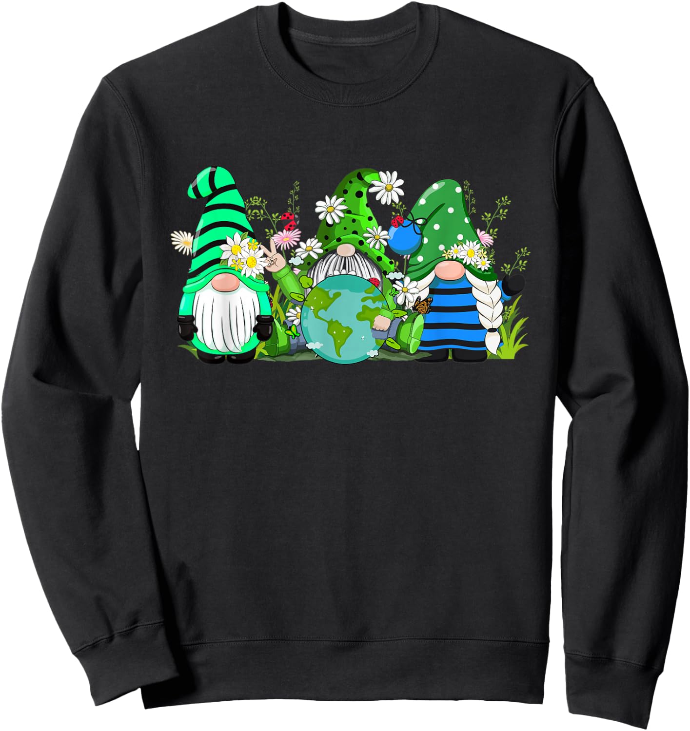 Three Gnomes Daisy Flower Earth Day Funny Gnome Lover Sweatshirt - Sweatshirt | Black