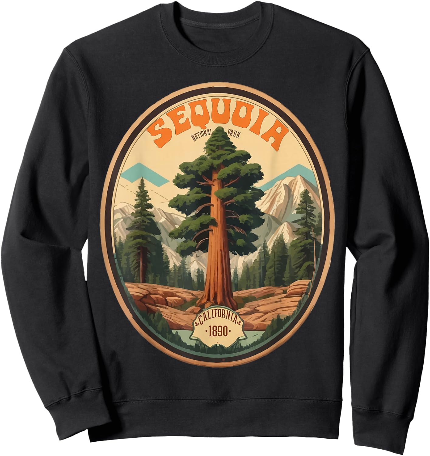Sequoia National Park Tree Illustration Hiking Retro Badge Sweatshirt - Sweatshirt | Black
