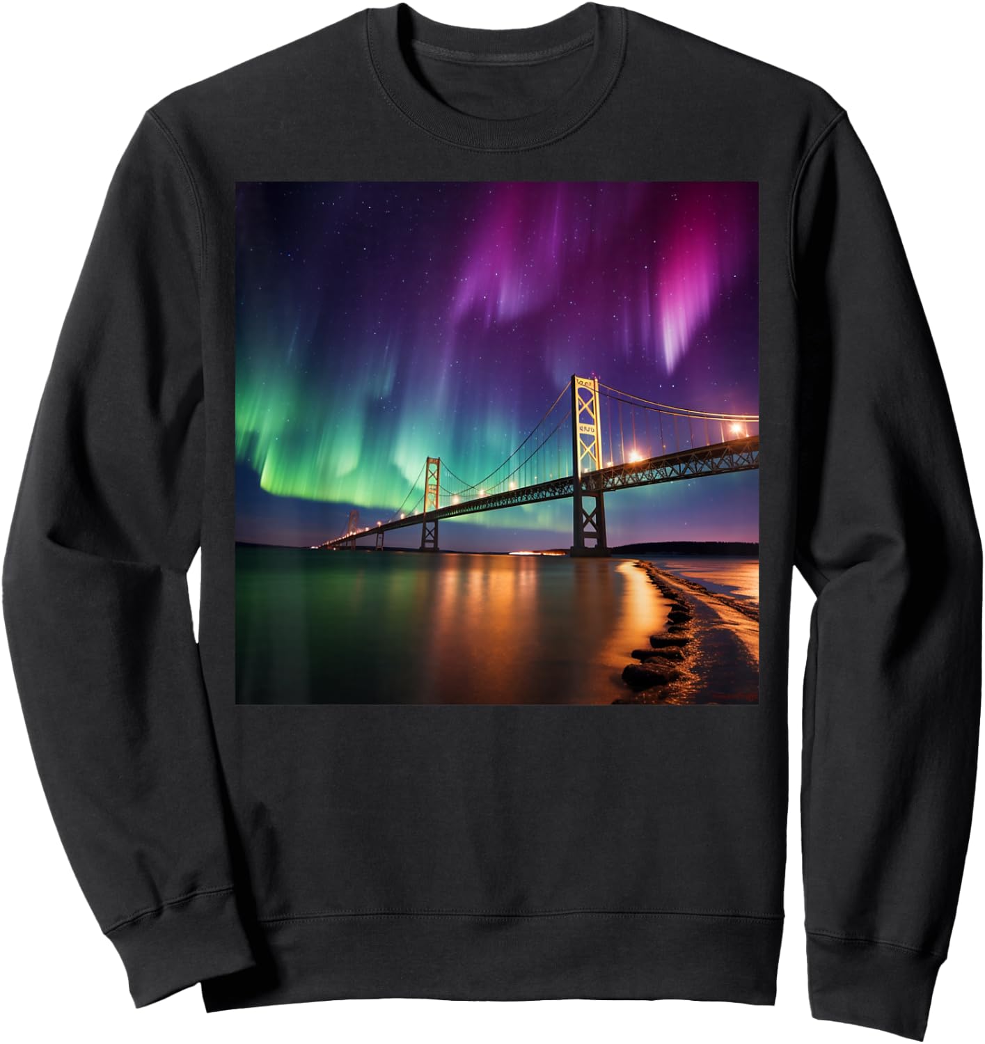 Michigan Northern Lights Mackinac Island Bridge Vacation Sweatshirt - Sweatshirt | Black