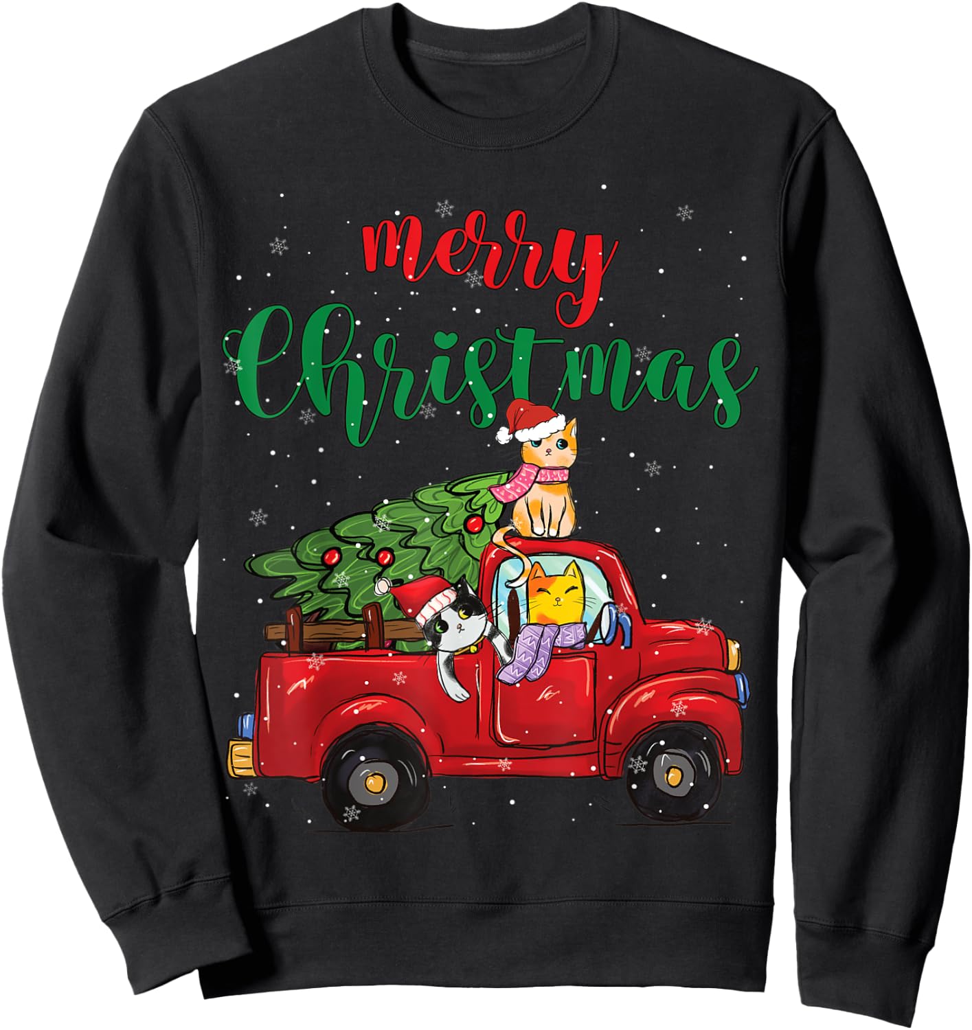 Merry Christmas Outfit Cats Truck Christmas Sweatshirt - Sweatshirt | Black