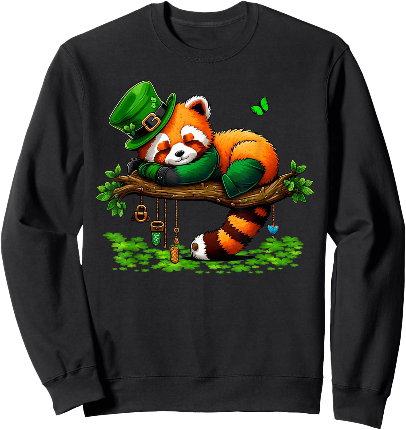 St Patricks Day Lazy Red Panda Shamrock Leprechaun Hat Panda Sweatshirt - Sweatshirt | Black
