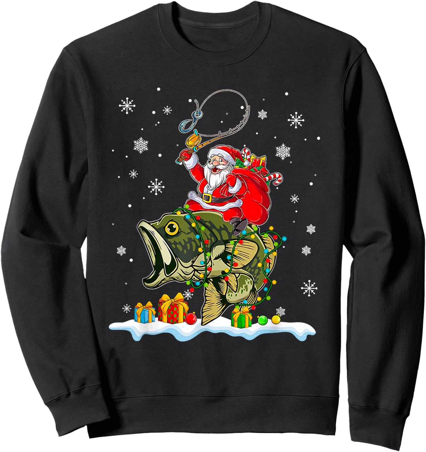 Christmas Bass Fishing Funny Santa Riding Fish Fishermen PJ Sweatshirt - Sweatshirt | Black