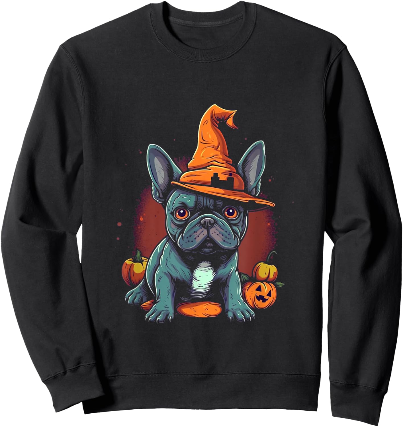 French Bulldog Witch Hat Halloween Costume Dog Lover Puppy Women Kids Sweatshirt - Sweatshirt | Black